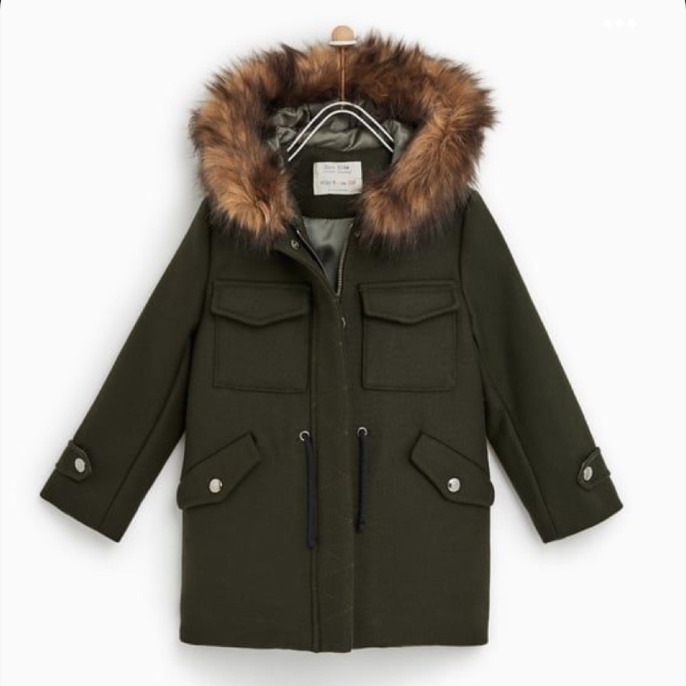Zara Girls Olive Green Wool Blend Faux Fur Hooded Coat Size 10